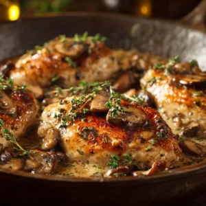 A close-up view of Crock Pot Chicken Marsala, showing the creamy texture of the sauce and golden-brown mushrooms.