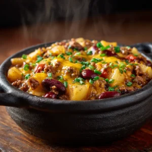 A close-up spoonful of crockpot cowboy casserole, highlighting the melted cheddar cheese, ground beef, corn, and beans.