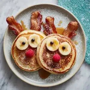 Two perfectly assembled Reindeer Pancakes on a light grey plate, highlighting the crispy bacon antlers and cute facial features. A fun kids breakfast idea for the holidays.