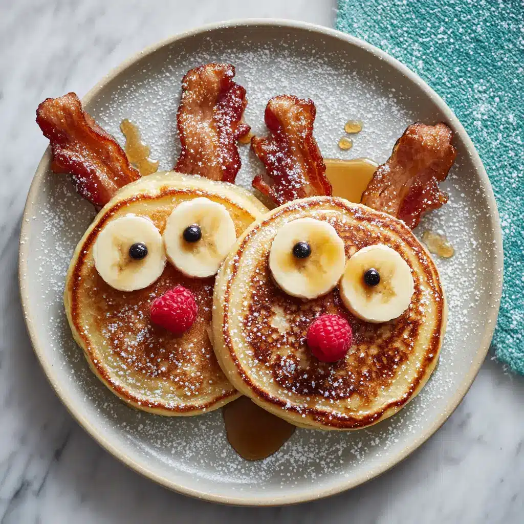 Reindeer Pancakes: The Ultimate Guide to a Fun Christmas Breakfast 2 Two perfectly assembled Reindeer Pancakes on a light grey plate, highlighting the crispy bacon antlers and cute facial features. A fun kids breakfast idea for the holidays.