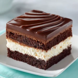 A perfect square slice of homemade Ding Dong Cake showing the distinct layers of moist chocolate cake, fluffy cream filling, and rich chocolate ganache.