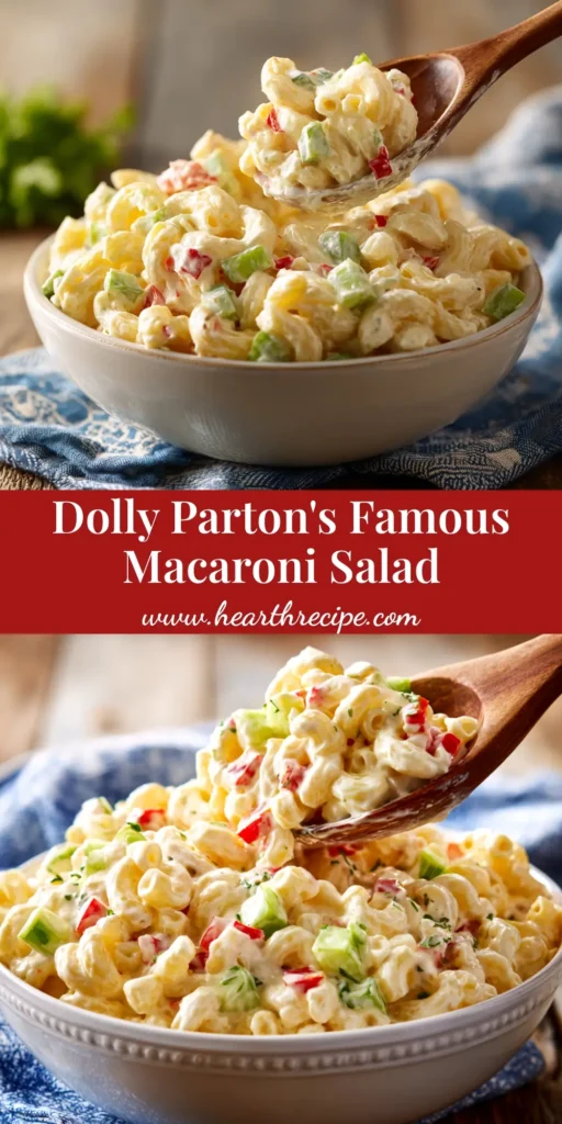 A large white bowl filled with creamy Dolly Parton Macaroni Salad, garnished with fresh parsley. A serving spoon is resting in the bowl.