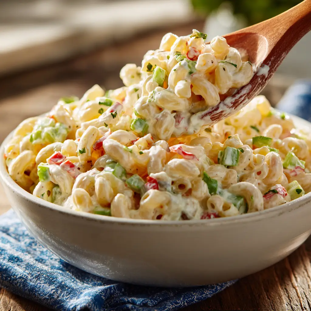 Dolly Parton Macaroni Salad Recipe (A Southern Classic!) 1 A large serving bowl of Dolly Parton's macaroni salad on a rustic table, ready to be served at a potluck.