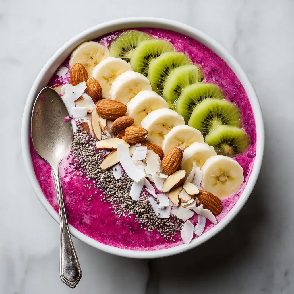 A close-up of the thick, creamy texture of a healthy dragon fruit smoothie bowl before toppings are added.