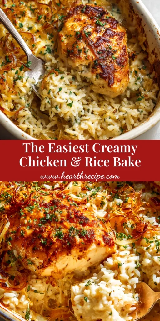 Dump and Bake Chicken and Rice: The Easiest One-Pan Dinner 3 An overhead shot of a finished dump and bake chicken and rice casserole in a white baking dish, ready to be served. The chicken is golden brown and the rice is creamy.
