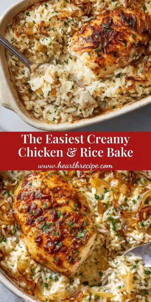 Dump and Bake Chicken and Rice (Effortless & Creamy) 3 A pin-style image of dump and bake chicken and rice in a white casserole dish with a text overlay for Pinterest.