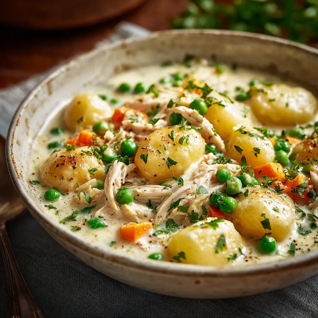 A spoonful of creamy chicken and gnocchi being lifted from a bowl, showing a piece of chicken, a gnocchi, and vegetables.