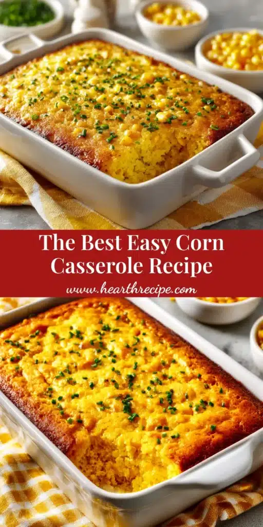 A delicious and easy corn casserole baked in a white dish, with a slice taken out to show the creamy texture. Perfect for a holiday side dish.