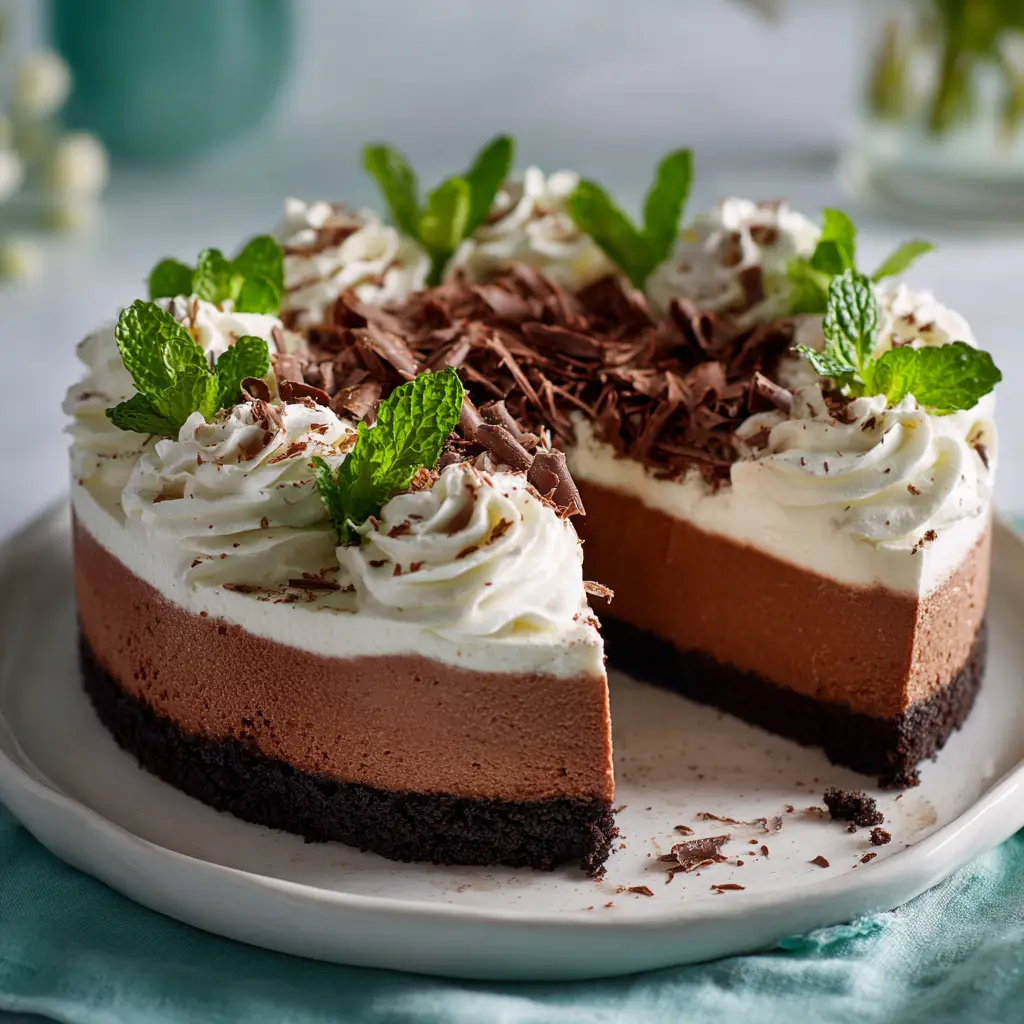 A top-down view of the no-bake mint chocolate mousse cake, showing off the smooth, glossy chocolate ganache topping. A few mint leaves are placed for garnish.
