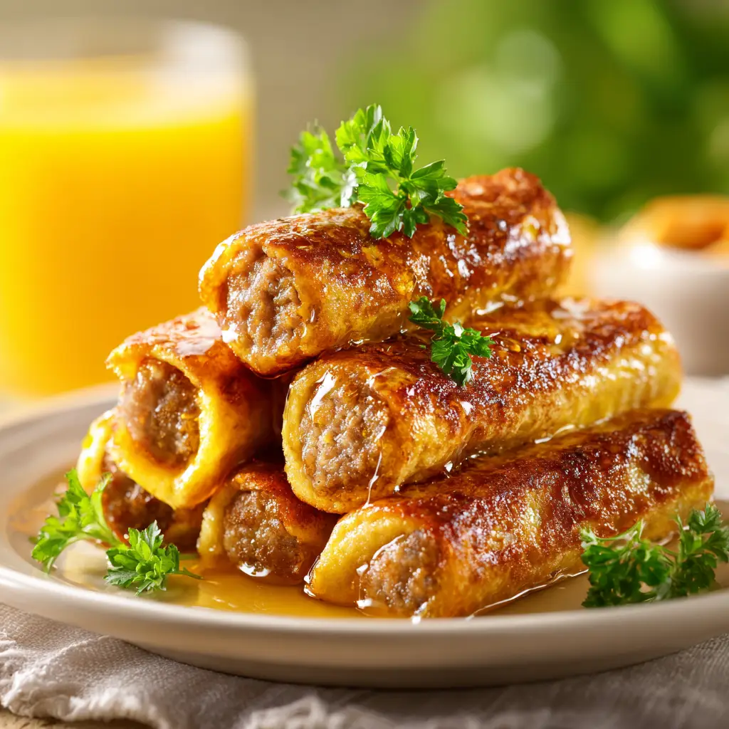 Sausage French Toast Roll-Ups: The Perfect Sweet & Savory Breakfast 1 A plate of finished breakfast roll ups ready to be served, with a small bowl of maple syrup for dipping.