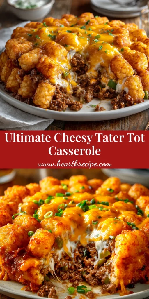 Tater Tot Casserole: The Ultimate Easy Comfort Food 4 A delicious and easy Tater Tot Casserole recipe in a white baking dish, showing the cheesy ground beef filling and crispy golden-brown tater tot topping.