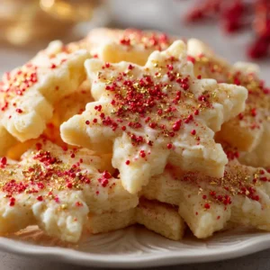 A close-up shot of star-shaped soft eggnog cookies piled on a festive plate, showing their soft texture and rich icing.