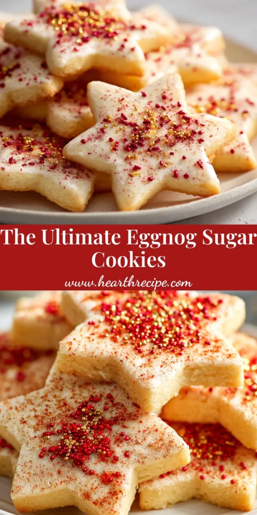 A delicious stack of Eggnog Sugar Cookies topped with a simple eggnog icing and a sprinkle of nutmeg, perfect for holiday baking.