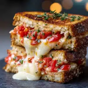 An extreme close-up of a fancy grilled cheese sandwich, highlighting the layers of melted Gruyère and Gouda cheese, crispy bacon, and artisan sourdough bread.