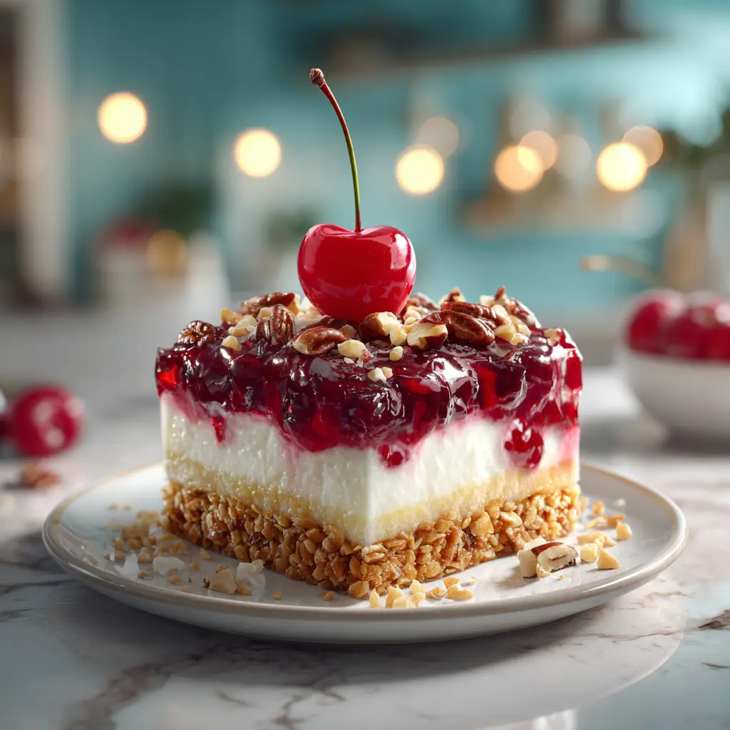 A 9x13 inch glass baking dish filled with finished Cherry Pretzel Squares, ready to be served. The bright red cherry topping looks glossy and delicious over the white cream cheese layer.