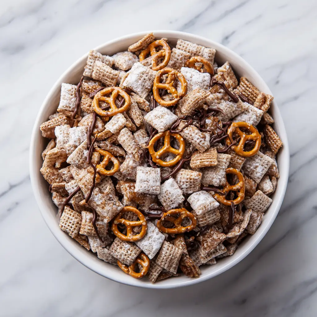 A close-up view of the final Salted Caramel Pretzel Puppy Chow, highlighting the crunchy texture of the no-bake dessert.