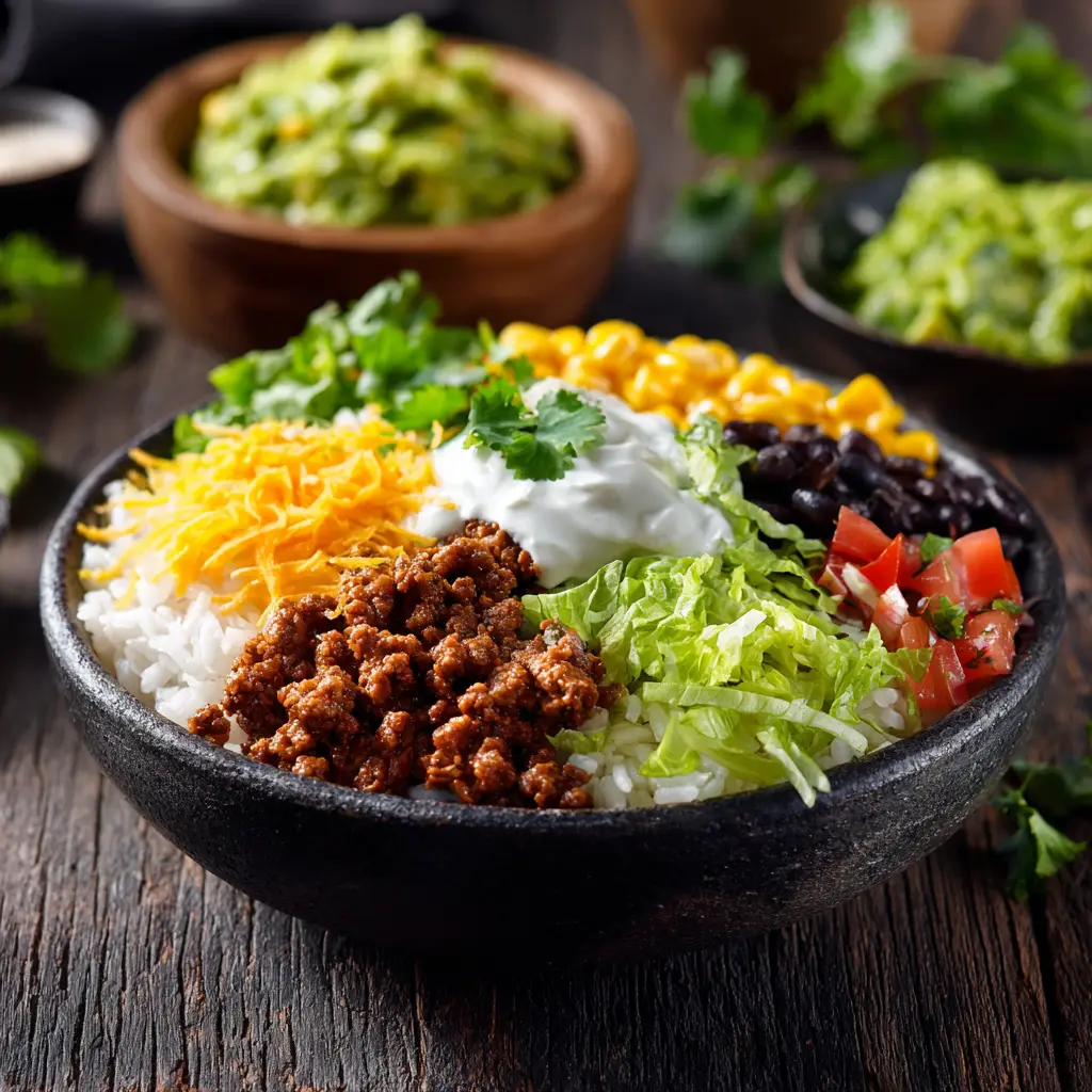 A fully assembled taco bowl recipe, showing all the delicious toppings like shredded cheese, fresh cilantro, and a dollop of sour cream.