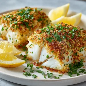 Two thick, flaky air fryer cod fillets shown close up, highlighting the crispy golden panko breadcrumb coating.