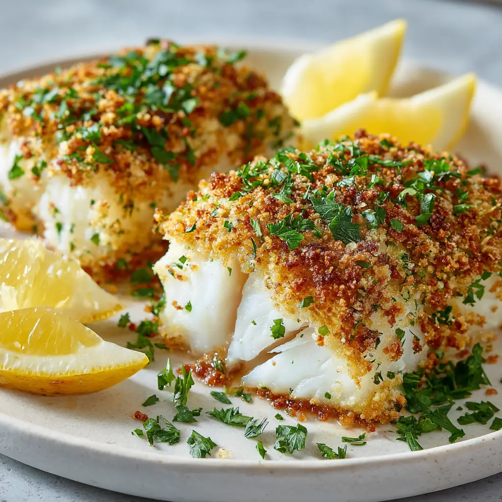 Two thick, flaky air fryer cod fillets shown close up, highlighting the crispy golden panko breadcrumb coating.
