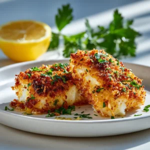 A close-up shot of two thick, flaky air-fried cod fillets seasoned with paprika and herbs, showing the moist interior.