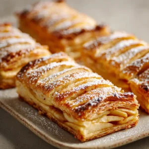 A close-up shot of several rectangular apple puff pastry turnovers on a wooden board, showing their flaky texture.