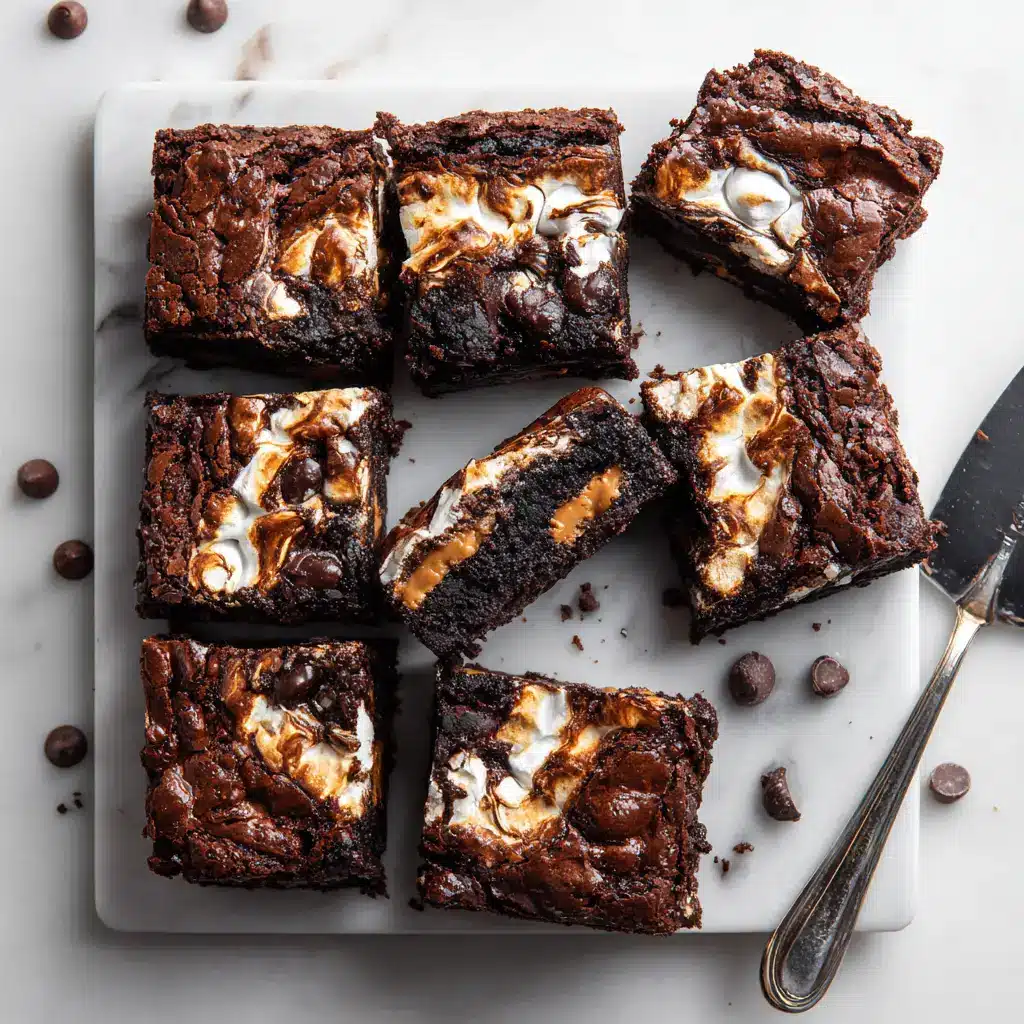 A full batch of fluffernutter brownies in a baking pan, fresh from the oven, with a beautiful marbled top of chocolate and toasted marshmallow.