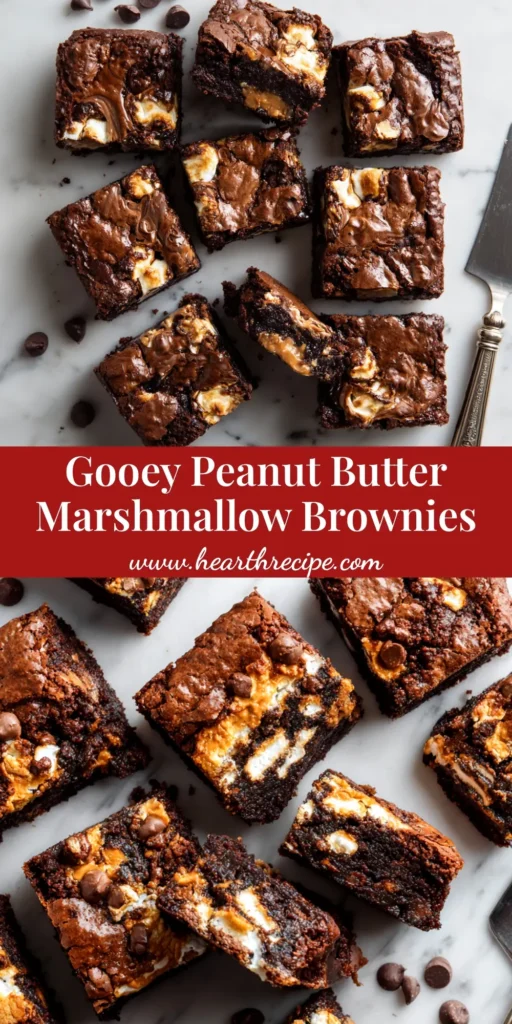 A pan of rich, gooey Fluffernutter Brownies cut into squares, showing the beautiful swirls of peanut butter and toasted marshmallow on top. A single brownie is on a plate in the foreground.