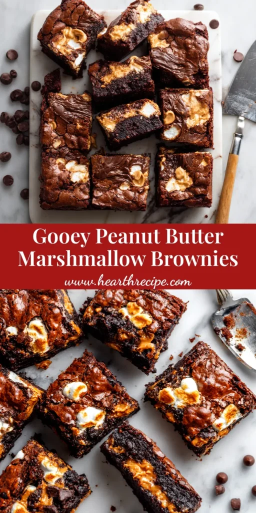 A pan of delicious, gooey Fluffernutter Brownies swirled with peanut butter and marshmallow, cut into squares and ready to serve.