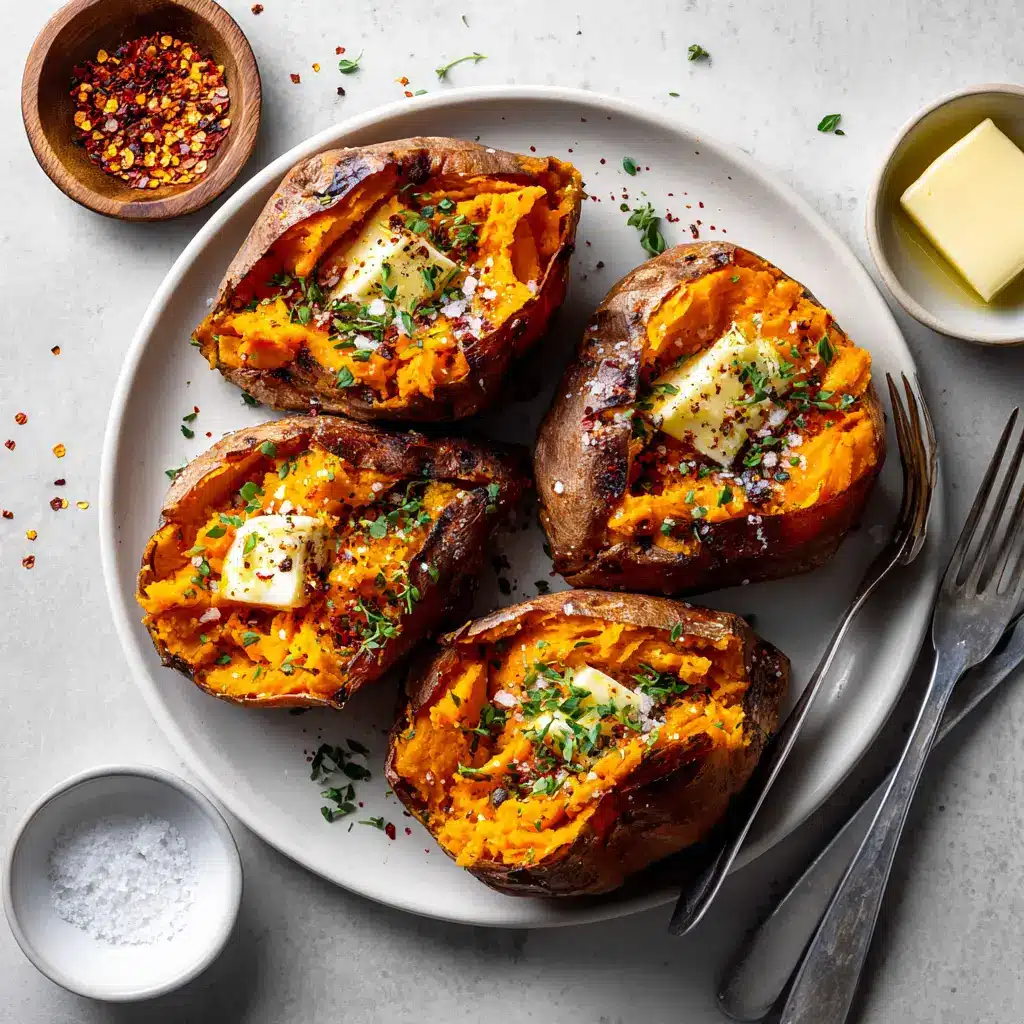 A baked sweet potato cut open, revealing a vibrant, fluffy orange interior, garnished with fresh herbs. This showcases a healthy baked sweet potato.