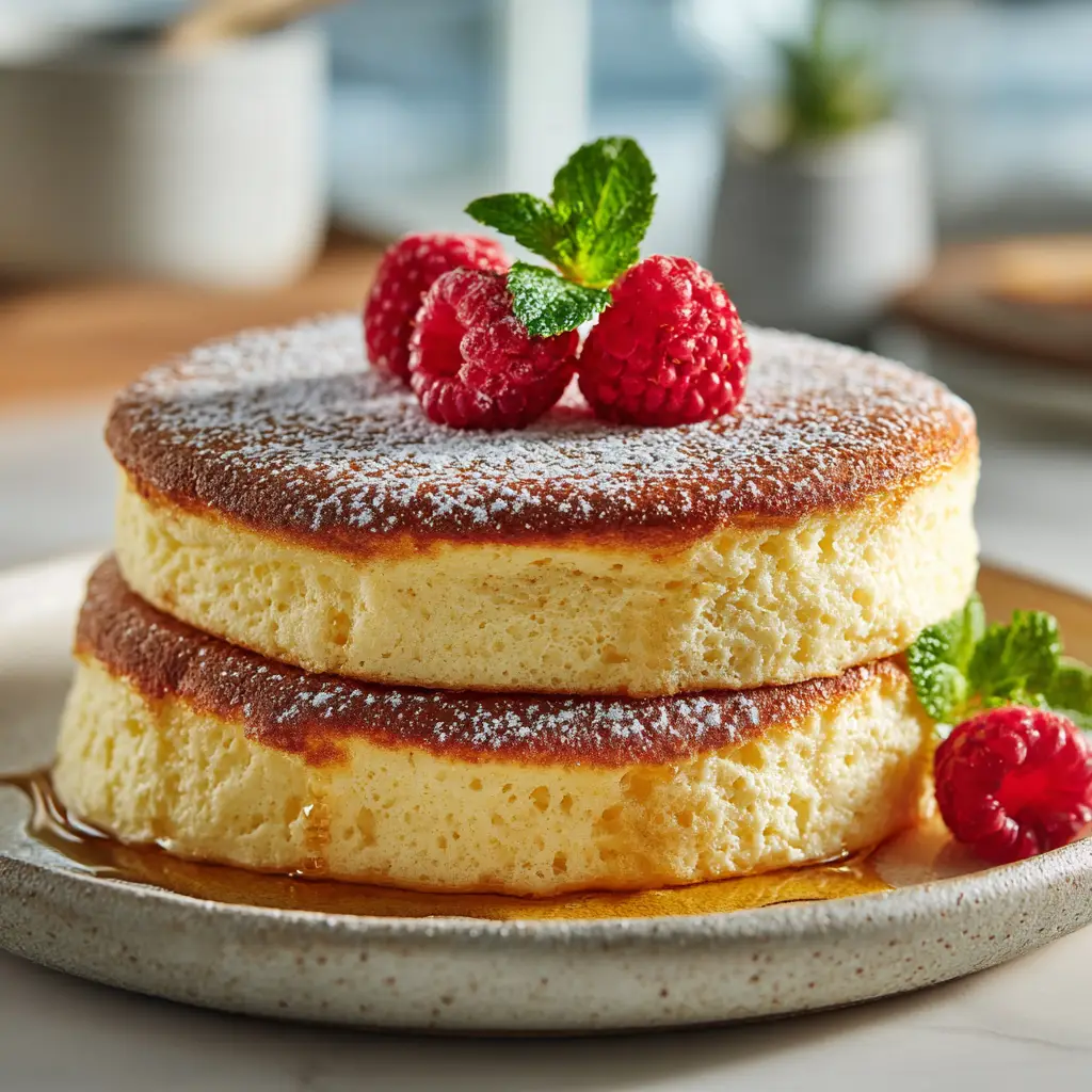 A step-by-step process shot showing the stiff meringue being gently folded into the pancake batter for fluffy Japanese pancakes.