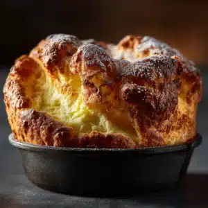 An extreme close-up of a golden brown, fluffy popover fresh from the oven, showcasing its light and airy texture.