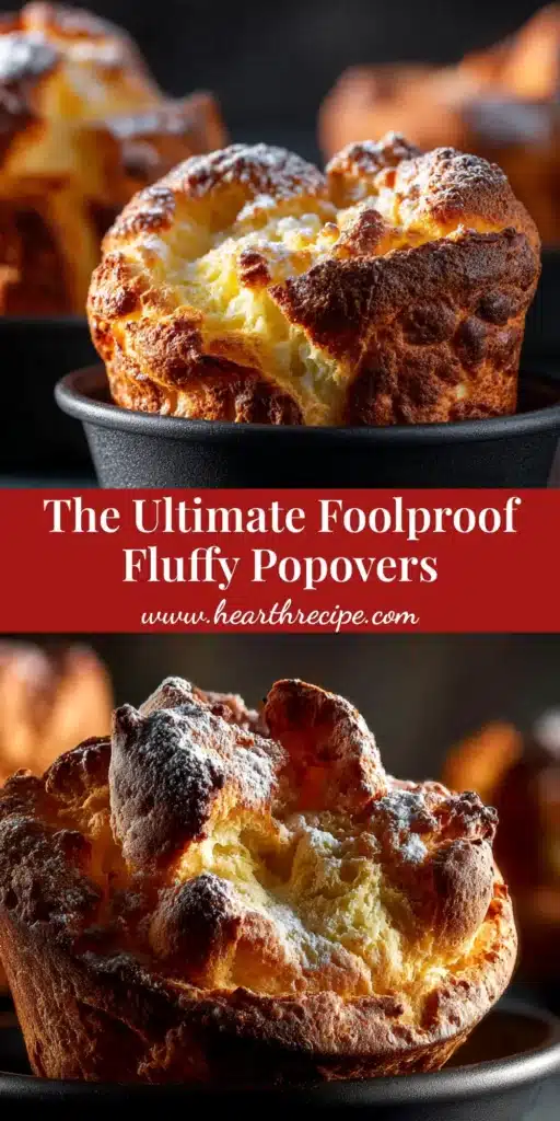 A perfect popover recipe that creates tall, golden brown, and airy popovers. A single popover is shown next to a bowl of melted butter.