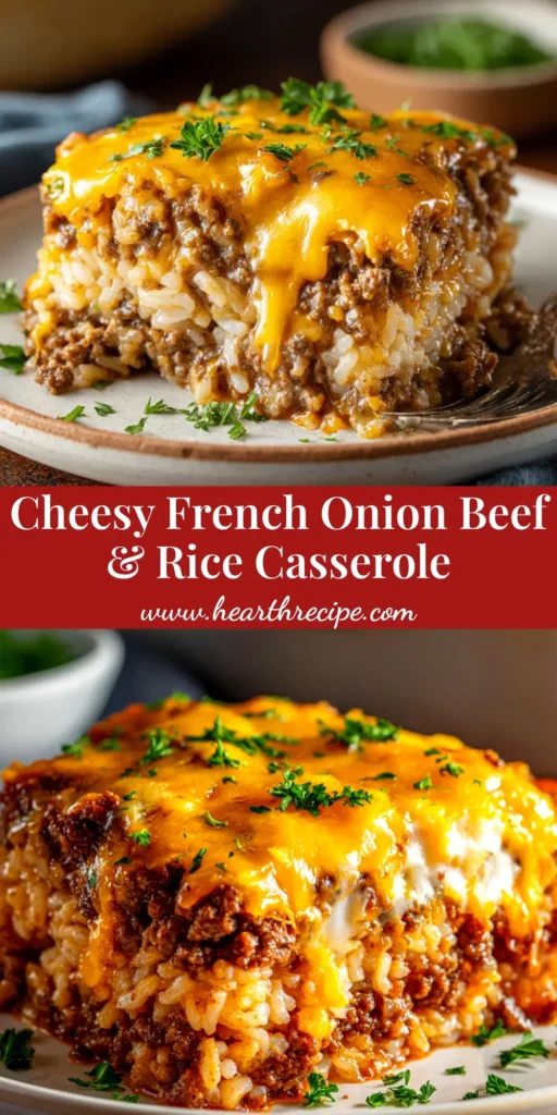 A close-up shot of a cheesy slice of French Onion Ground Beef Rice Casserole on a white plate, ready to be eaten.