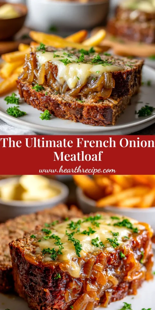French Onion Meatloaf: The Ultimate Comfort Food Mashup 3 A pin-worthy image of a fully baked French Onion Meatloaf, topped with melted Gruyère cheese and caramelized onions, with text overlay for Pinterest.