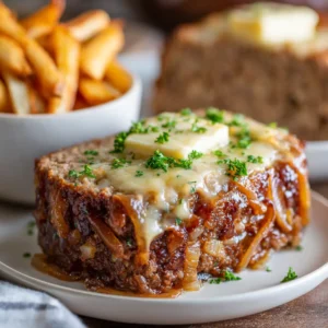 A thick, juicy slice of savory meatloaf on a plate, showcasing the rich texture and caramelized onion topping.