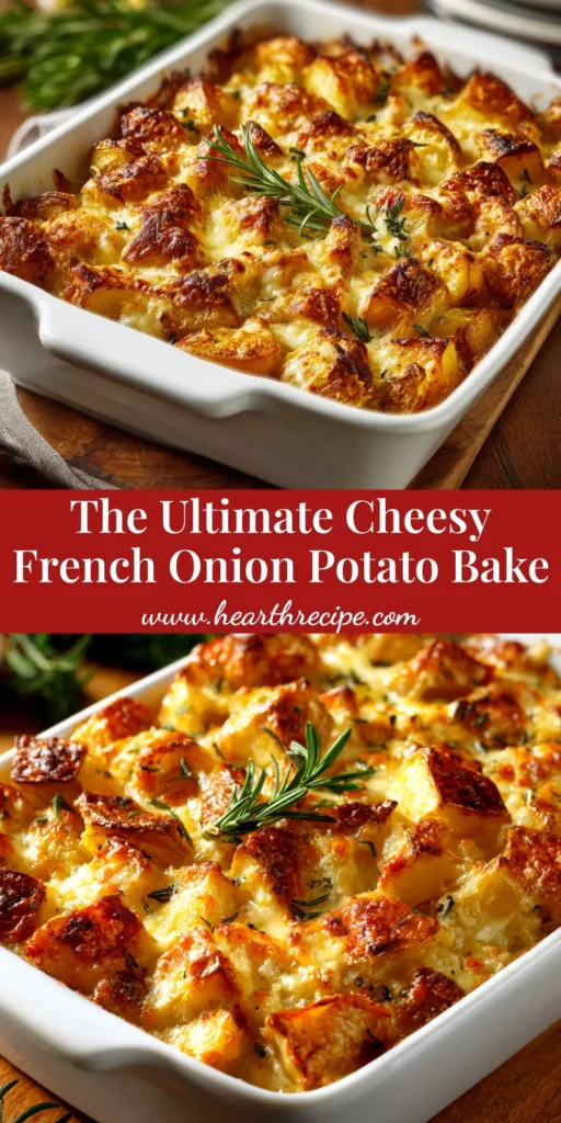 A close-up overhead shot of a delicious French Onion Potato Bake in a white baking dish, showing the perfectly golden-brown and bubbly Gruyère cheese crust.
