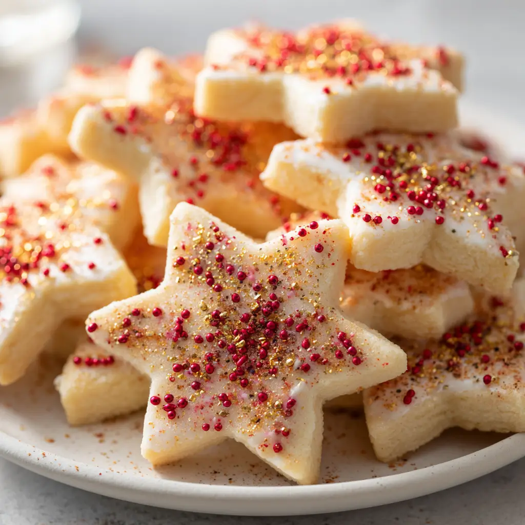Eggnog Sugar Cookies: The Best Soft & Chewy Holiday Recipe 1 A beautiful arrangement of freshly baked spiced sugar cookies ready for decorating, with holiday lights in the background.