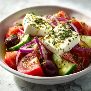 A close-up of a fresh Horiatiki salad, showcasing the crisp cucumbers, ripe tomatoes, and Kalamata olives.