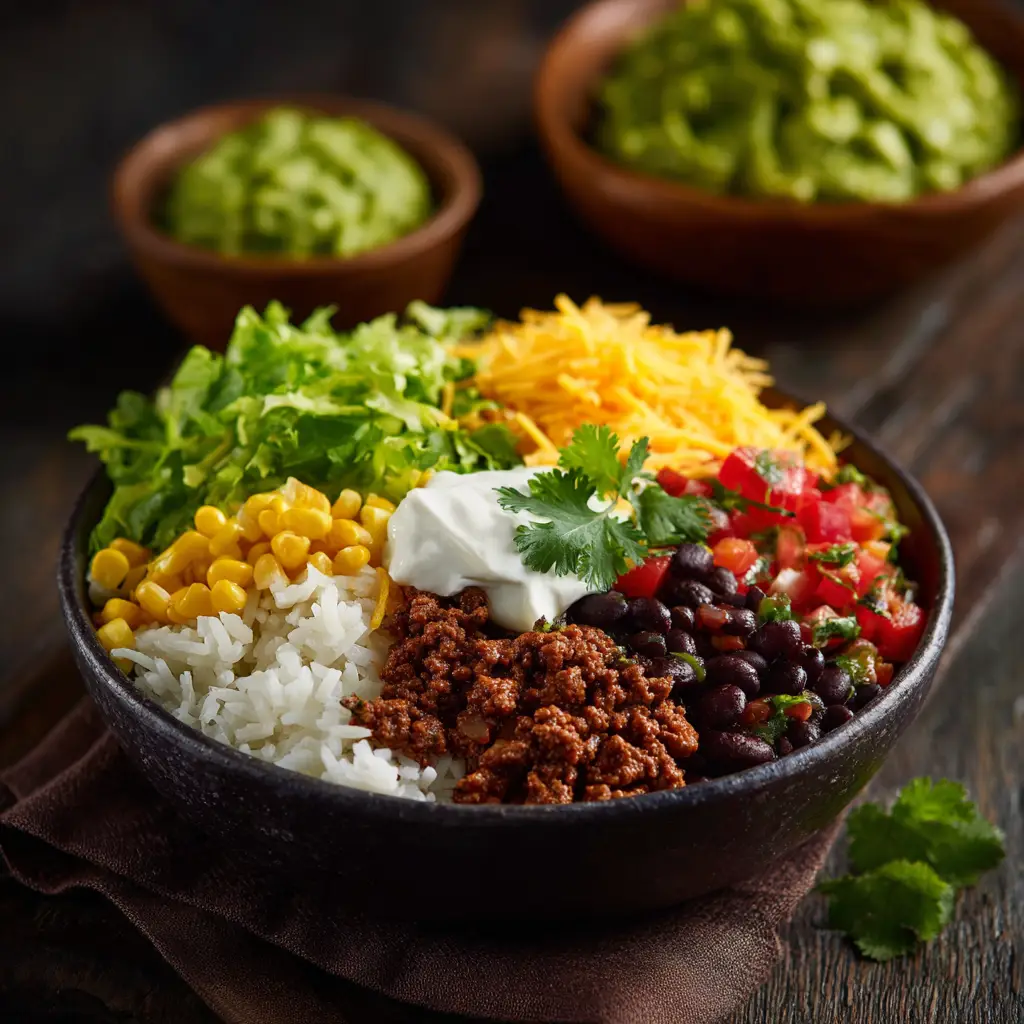 A beautiful taco bowl layered with fresh ingredients like lettuce, tomatoes, corn, and avocado over a bed of rice.