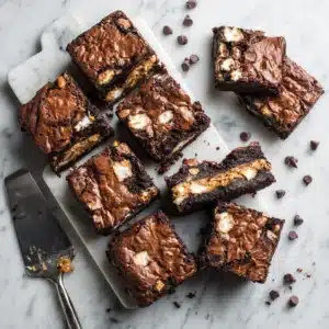 A close-up shot of a single Fluffernutter Brownie on a white plate, highlighting the fudgy texture and the distinct layers of chocolate brownie, peanut butter, and marshmallow.
