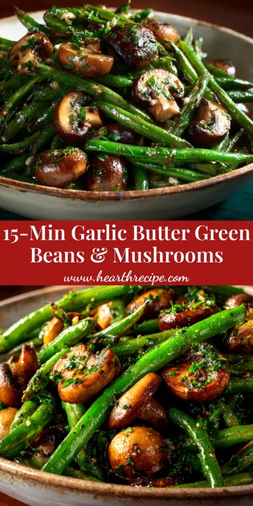 A top-down view of a white serving bowl filled with delicious Garlic Butter Green Beans, garnished with fresh herbs. The perfect easy side dish recipe.