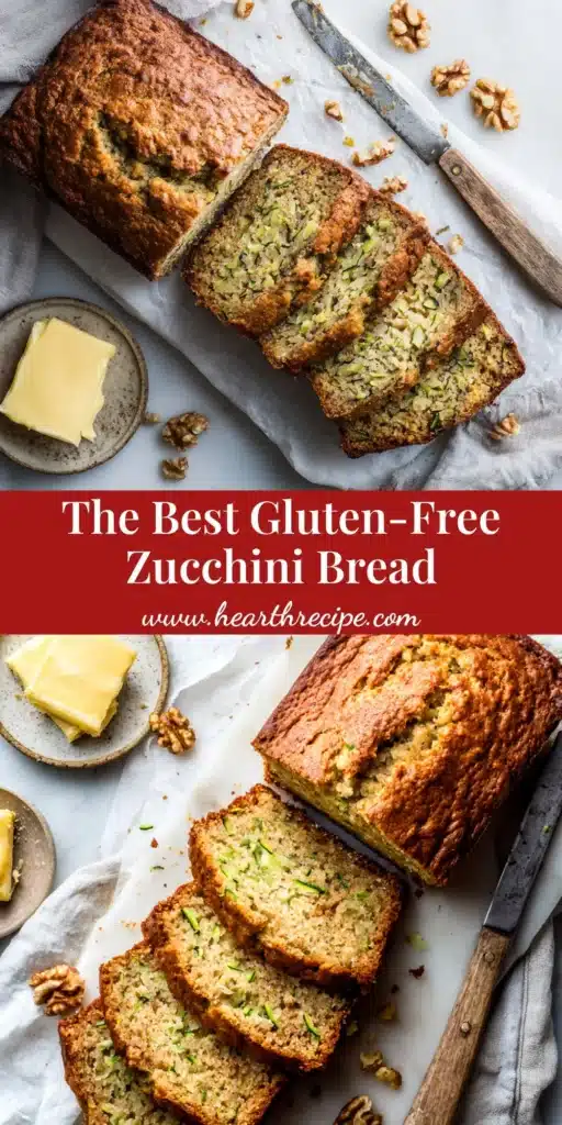 A beautiful loaf of moist Gluten-Free Zucchini Bread on a wooden board with a single slice cut, ready to be shared on Pinterest.