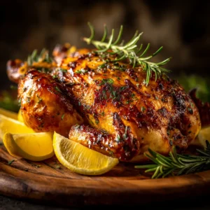 A beautifully roasted Cornish hen glistening with savory garlic-herb butter, ready for serving from the roasting pan.