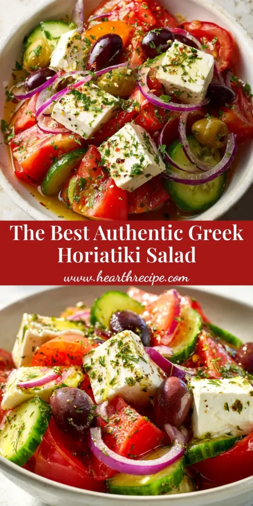 A vibrant and authentic Greek Horiatiki Salad in a white bowl, topped with a large block of feta cheese and a sprinkle of oregano. The perfect summer village salad recipe.