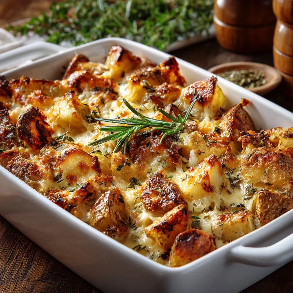 A single serving of the French Onion Potato Bake on a white plate, garnished with fresh thyme, ready to be eaten.