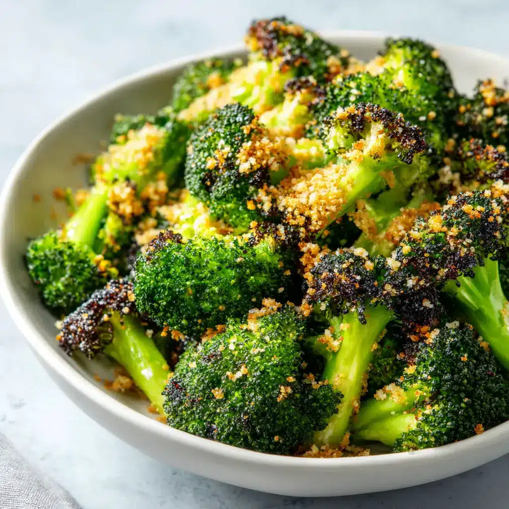 A serving bowl filled with freshly made, healthy air fryer broccoli, garnished with a sprinkle of Parmesan cheese.