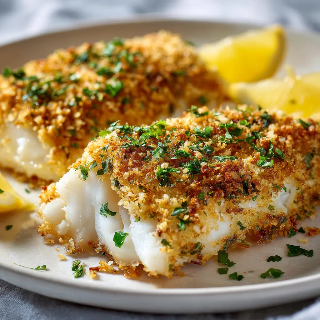 A plate with air fryer cod served with roasted asparagus and a lemon wedge, demonstrating a healthy meal.
