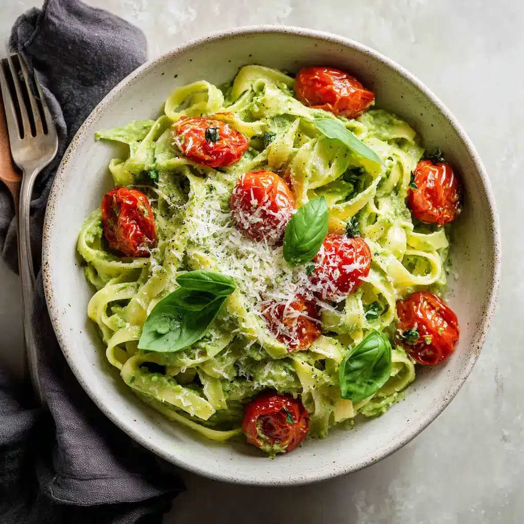 15 Minute Avocado Pasta (Quick & Creamy Recipe) 1 A beautiful serving of healthy avocado spaghetti in a rustic bowl, ready to be enjoyed as a quick and easy weeknight dinner.