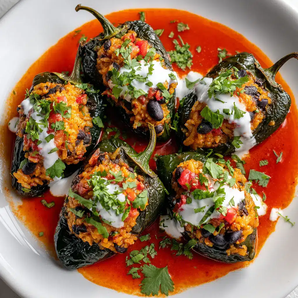 A vibrant overhead close-up of baked chili rellenos in a rustic baking dish, showcasing the melted cheese and rich sauce.