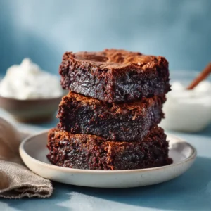 Three healthy flourless Greek yogurt brownies arranged on a plate, showing the dense and moist interior.